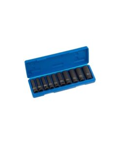 10 piece 1/2" deep impact socket set in a blue carry case