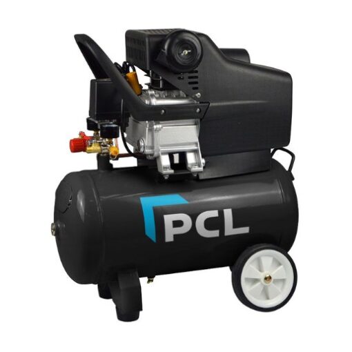 Black PCL high flow air compressor with the PCL logo on the tank. The compressor has 2 wheels at the back and is a direct drive model.
