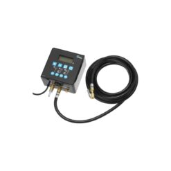 Product shot with a white background of the Black QUBE Inflator with 4 Preset Buttons with long black hose coiled up.