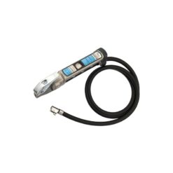 PCL 2.7m Hose Airforce Tyre Inflator with Single Clip Connector is silver with a larger than normal screen and has a long 2.7m black hose.