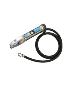 PCL 2.7m Hose Airforce Tyre Inflator with Single Clip Connector is silver with a larger than normal screen and has a long 2.7m black hose.