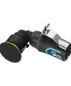 Product shot with a plain white background of PCL's Mini Air sander which is black and has the white and blue PCL logo on the handle.