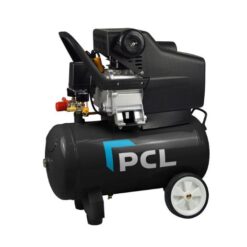 PCL 24L air compressor with black receiver tank and PCL logo on the tank. The compressor has 2 wheels at the back.