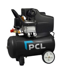 PCL 24L air compressor with black receiver tank and PCL logo on the tank. The compressor has 2 wheels at the back.