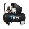 PCL 50L air compressor with black receiver tank with PCL branded logo on the side. The compressor has 2 wheels at the back and a handle at the front for easy portability.