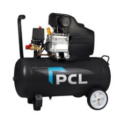 PCL 50L air compressor with black receiver tank with PCL branded logo on the side. The compressor has 2 wheels at the back and a handle at the front for easy portability.