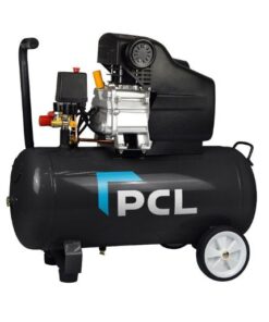 PCL 50L air compressor with black receiver tank with PCL branded logo on the side. The compressor has 2 wheels at the back and a handle at the front for easy portability.