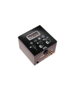Product image of the PCL QUBE Tyre Inflator (QUBE0) which is a Black cube with buttons on the front with a digital display.