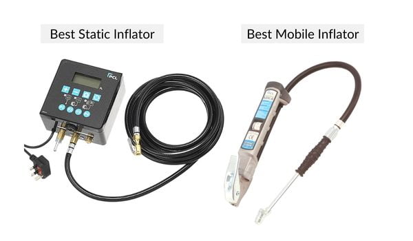 Product image of the Qube tyre inflator (Best static tyre inflator) and the PCL Airforce MK4 (best mobile tyre inflator)