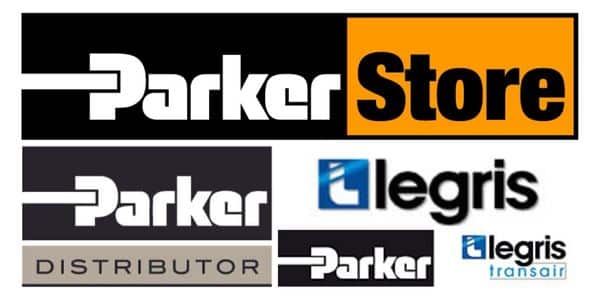 Graphic shows all of the Parker UK logos: Parker Store, Parker Distributor, Parker Legris, Parker Legris Transair