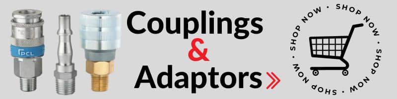 A grey banner advertising our Couplings and Adaptors for sale, when clicked it goes through to the couplings shop landing page. Banner that links to our air couplings and adaptors shop page