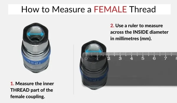 Diagram shows how to measure a female thread with the arrows showing which part needs to be measured.