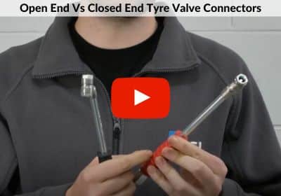 A screenshot of a video about the difference between open end and closed end tyre valve connectors.