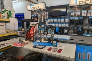 The sales counter with tyre inflator and tyre pressure gauge at our surrey air shop