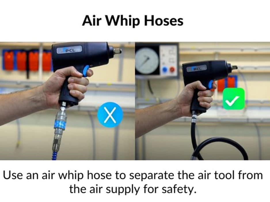 Image shows an air tool being used without and then with an air whip hose.