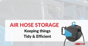 A banner with a background picture of a retractable air hose with a small product picture of an air hose with the text: Air Hose Storage: Keeping things tidy and efficient.