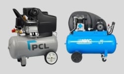Air Compressors for sale from Metro Sales. The image shows a grey PCL and a blue ABAC air compressor side by side