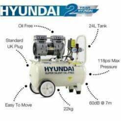 labelled benefits of the Hyundai 24l air compressor including being oil free, portable and ultra quiet.