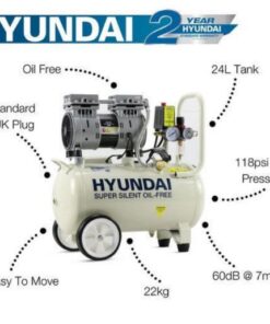 labelled benefits of the Hyundai 24l air compressor including being oil free, portable and ultra quiet.