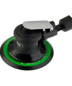 Image shows the head of PCL's Air Orbital sander which is black with a green ring running around the edge.