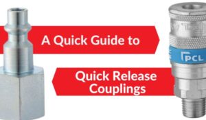 Banner with a coupling and adaptor either side, the text reads: a quick guide to quick couplings