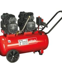 Siltek 50L Quiet air compressor. Red tank and blank handle with double pump on top.