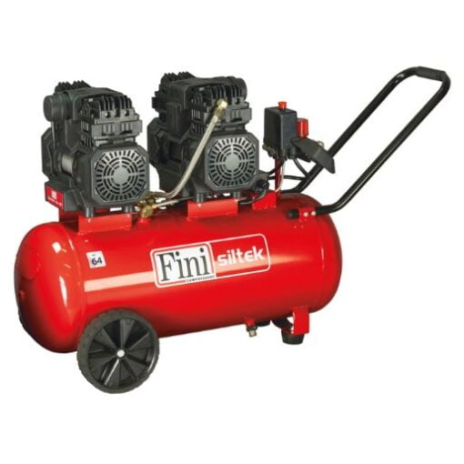 Siltek 50L Quiet air compressor. Red tank and blank handle with double pump on top.