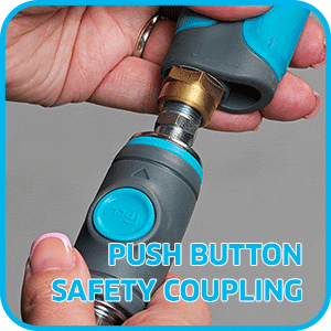 GIF image of the PCL Push Button Safety Coupling with blue push button. The image shows a hand pushing the button to release it from an air tool.