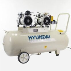 Hyundai 2Hp Silenced Air Compressor is white with twin motors on top of the receiver