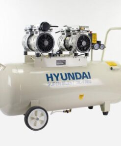 Hyundai 2Hp Silenced Air Compressor is white with twin motors on top of the receiver