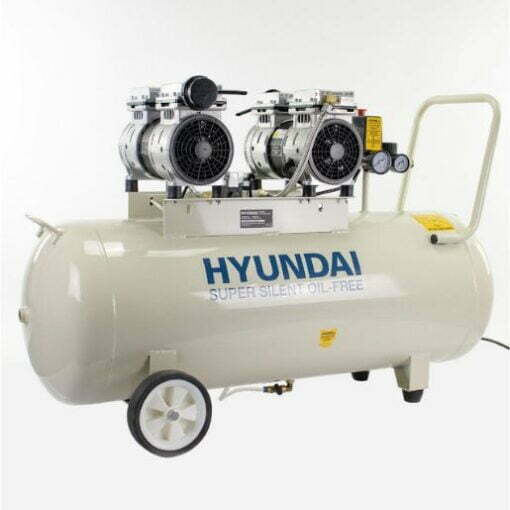 Hyundai 2Hp Silenced Air Compressor is white with twin motors on top of the receiver