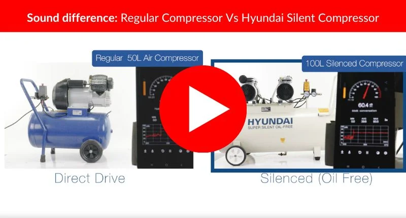 Screenshot from the video showing the difference in sound levels between a standard compressor and the Hyundai Silent Air Compressor