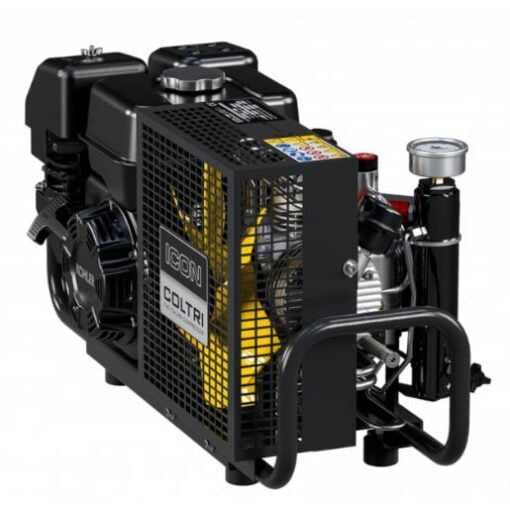 Side view of the Black Coltri Icon 5.5 Hp Kohler petrol air compressor for breathing apparatus