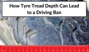 Blog banner shows balding car tyres and a ruler, the text reads: How tyre tread depth can lead to a driving ban