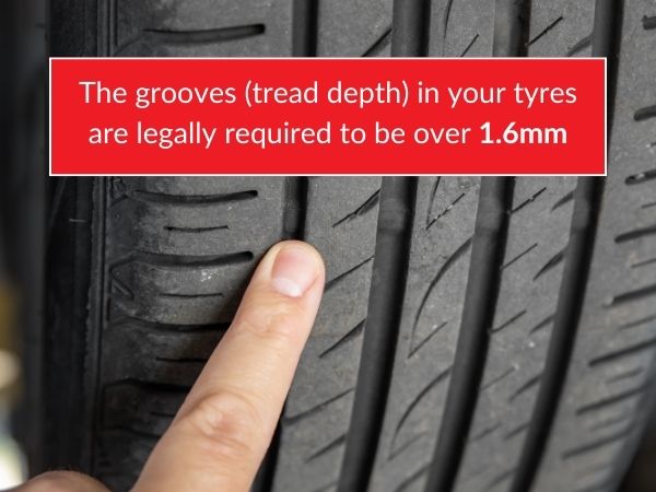 A finger pointing out the grooves of a tyre which is known as tyre tread depth. The text reads: the grooves (tread depth) of your tyres are legally required to be 1.6mm