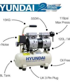 Labelled parts of the Hyundai 8L air compressor which shows the benefits such as low noise and oil free.