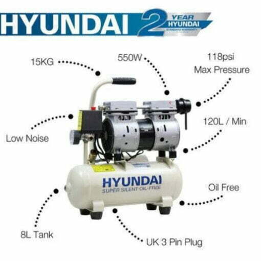 Labelled parts of the Hyundai 8L air compressor which shows the benefits such as low noise and oil free.