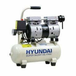 Product shot with white background of the Hyundai 8L air compressor with cream coloured tank and portable handle.