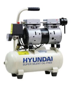 Product shot with white background of the Hyundai 8L air compressor with cream coloured tank and portable handle.