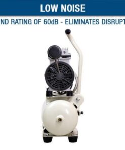 Front view of the Hyundai 8L air compressor, it is has text describing it's low noise at 60 decibels.
