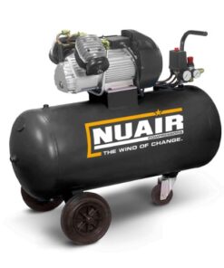 White background with the Black Nuair 100L Lubricated Air Compressor on wheels