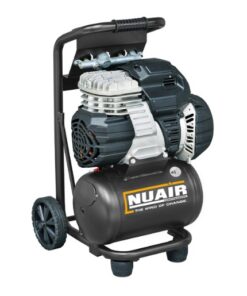 Product shot with a white background of the black Nuair 10L Silenced Oil Free Air Compressor which is on a trolley for portability.