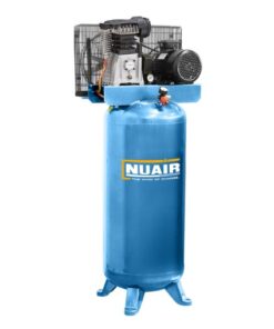 Product shot with a white background of the 150L vertical air compressor from Nuair which is turquoise
