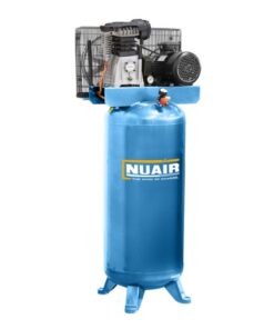 Product shot with a white background of the Nuair vertical 10 bar air compressor which is turquoise