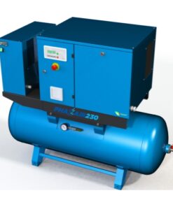 Blue Phazair air compressor with a 270 litre tank on which sits the adjustable control unit and an air dryer next to it.