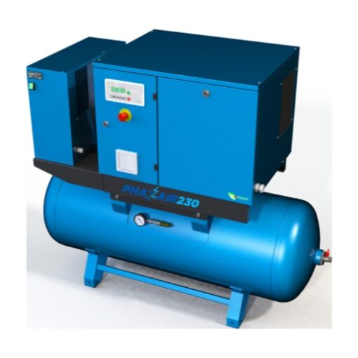 Blue Phazair air compressor with a 270 litre tank on which sits the adjustable control unit and an air dryer next to it.