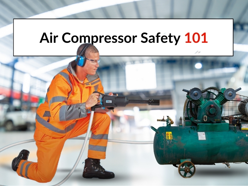 Air compressor safety in practice: A man dressed in hi-viz clothing kneeling on the floor with an air tool attached to his air hose. He is wearing ear muffs for protection.