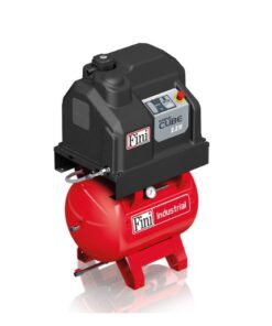 Product image of the Fini Cube Mini 3 phase screw compressor mounted on a red 90 litre receiver tank