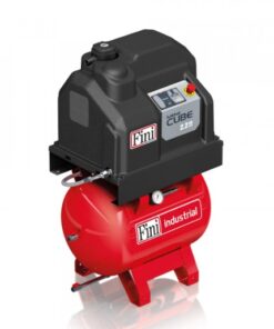 Product shot of the Fini Cube mini compressor which is mounted on top of a 90 litre receiver tank