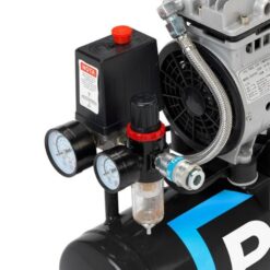 Close up look at the gauges on the PCL small 9L air compressor.